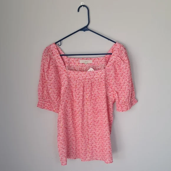 LOFT Pink and Orange Puff Sleeve Smocked Blouse - Picture 1 of 2